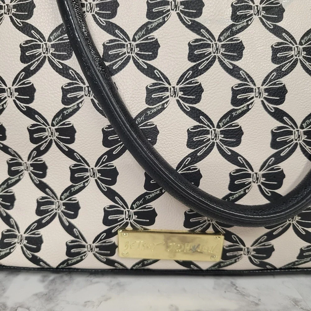 Betsey Johnson Bow Print Tote Bag Cream Black Gold Studded Large Shoulder Bag